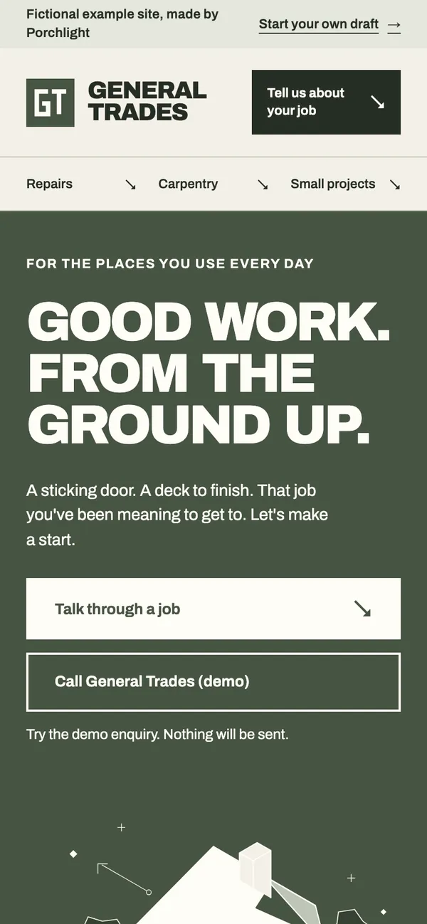 Phone screen showing the top of the General Trades example site.
