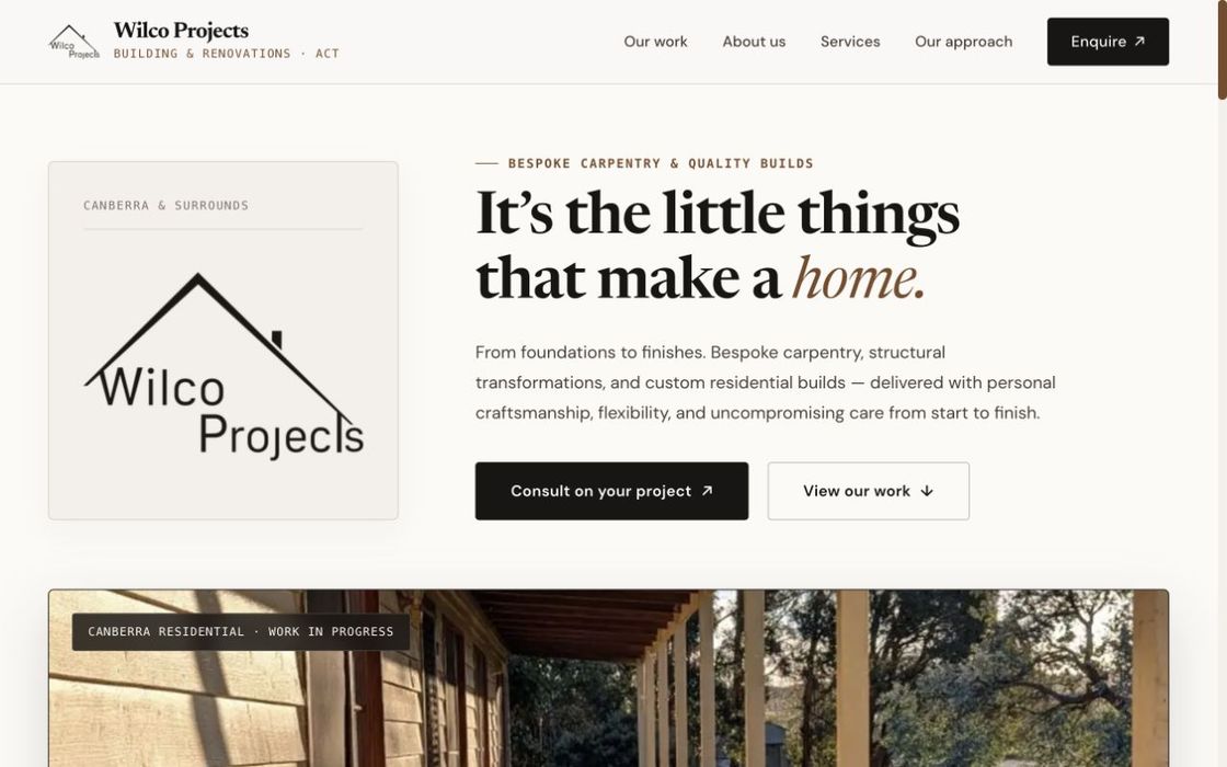 Wilco Projects website showing its timber project photography and consultation link.